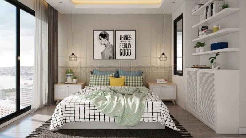 Kệ tủ đựng đồ hiện đại cùng tone màu trắng tạo sự đồng nhất cho cả không gian riêng tư thoải mái không bị rối mắt