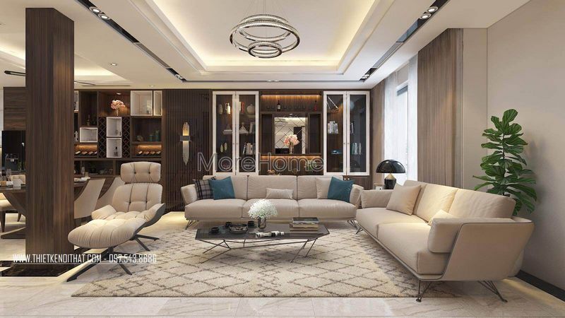 Kệ gỗ trang trí được thiết kế âm tường kết hợp cửa kính giúp phòng khách độc đáo và sang trọng hơn