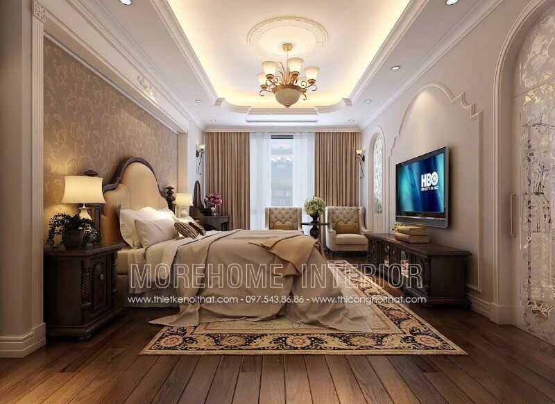 Mẫu giường ngủ biệt thự có phong cách tân cổ điển sẽ thêm vào vẻ đẹp sang trọng, quý phái cho phòng ngủ của ngôi nhà bạn.