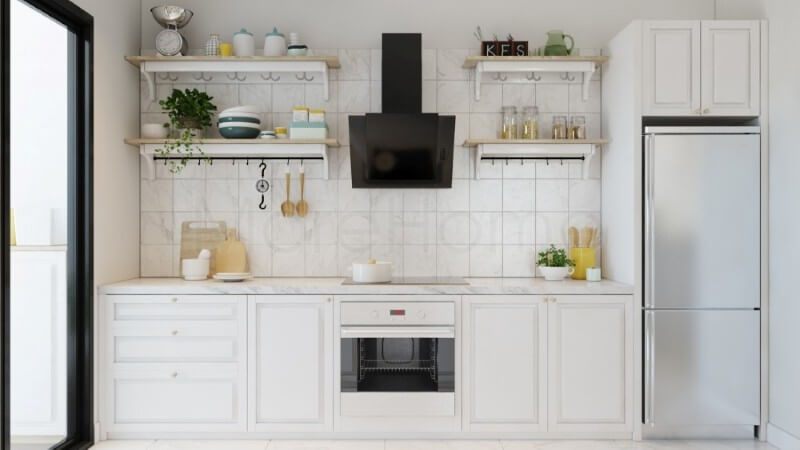 . Mẫu thiết kế nội thất phòng bếp cho các căn hộ nhỏ gọn là sự kết hợp giữa tiện nghi và sắp xếp hợp lí của thiết bị nhà bếp hiện đại.